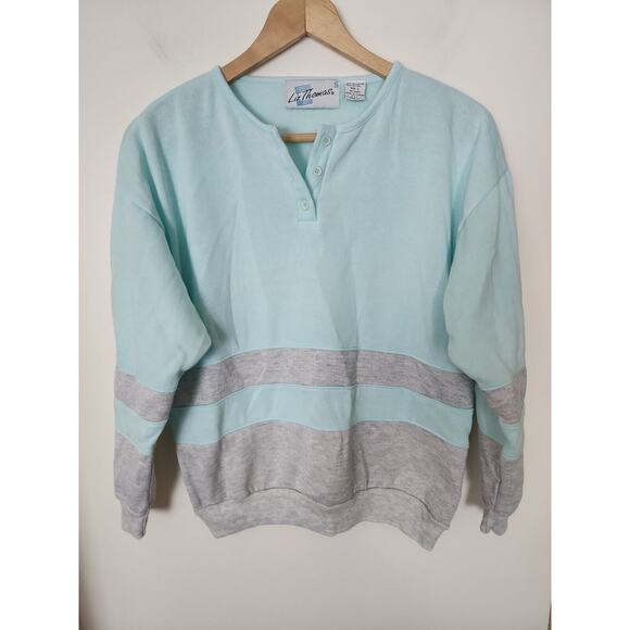 Liz Thomas Vintage Sweatshirt Mint Light Blue And Grey Large L 80s - Picture 1 of 2